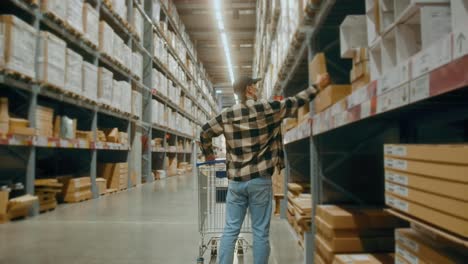 a young interior designer man pushing supermarket cart looking for home decoration accessories in warehouse