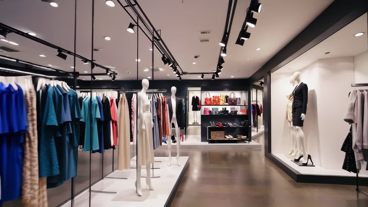 Interior view of a modern fashion boutique with clothing, handbags, and shoes on display