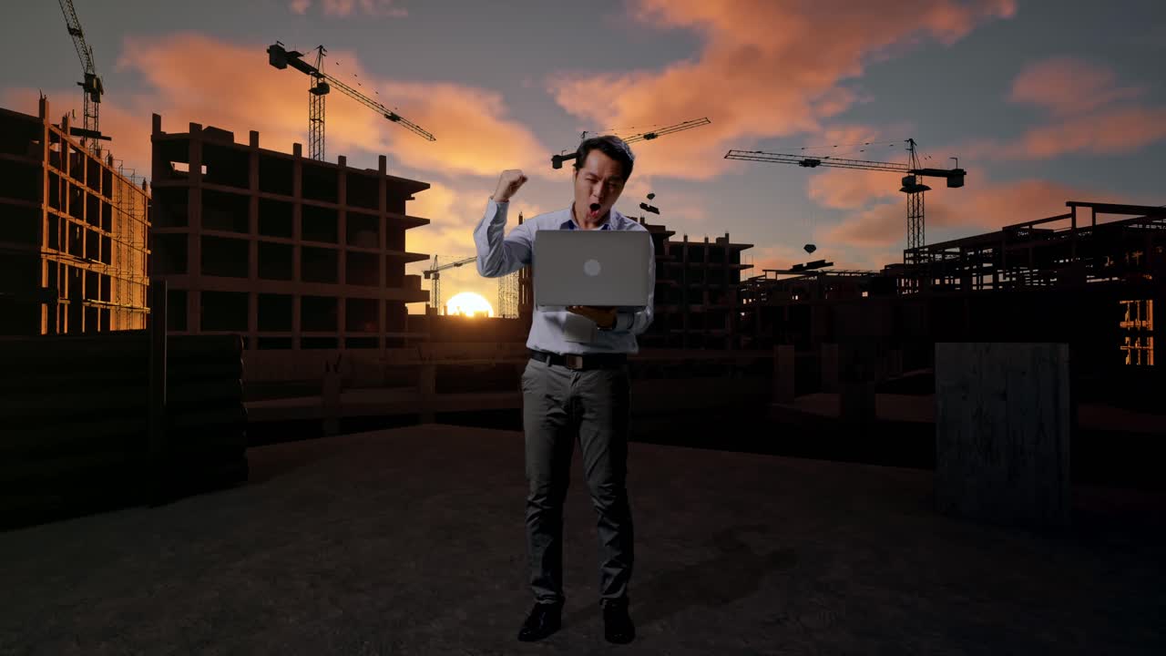 Cuerpo completo de un trabajador profesional asiático de pie con su portátil en una obra en construcción de una nueva casa; levanta el puño y grita «¡Gol!»