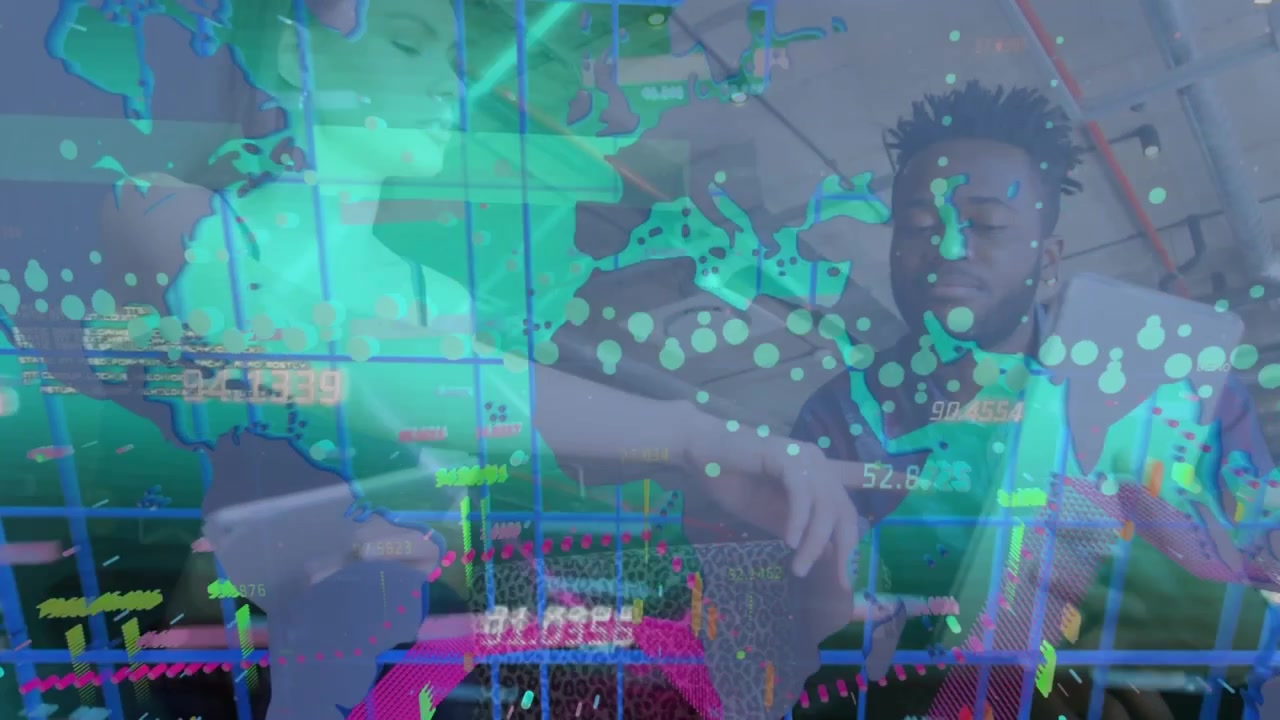 Animation of data processing and world map over diverse business people in office