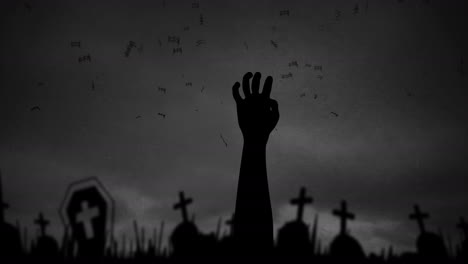 animation of halloween hand, bats and cemetery on grey background