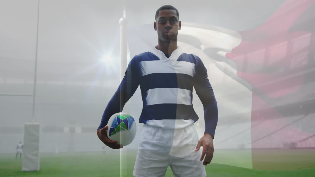 Holding rugby ball, player on field with flag animation in stadium