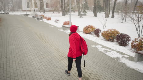 mujer de negocios con una bolsa sobre el hombro caminando a lo largo de un camino entrelazado, mirando a su alrededor a los árboles, bancos, postes de luz y suelo cubierto de nieve en una atmósfera de niebla, con un edificio lejano