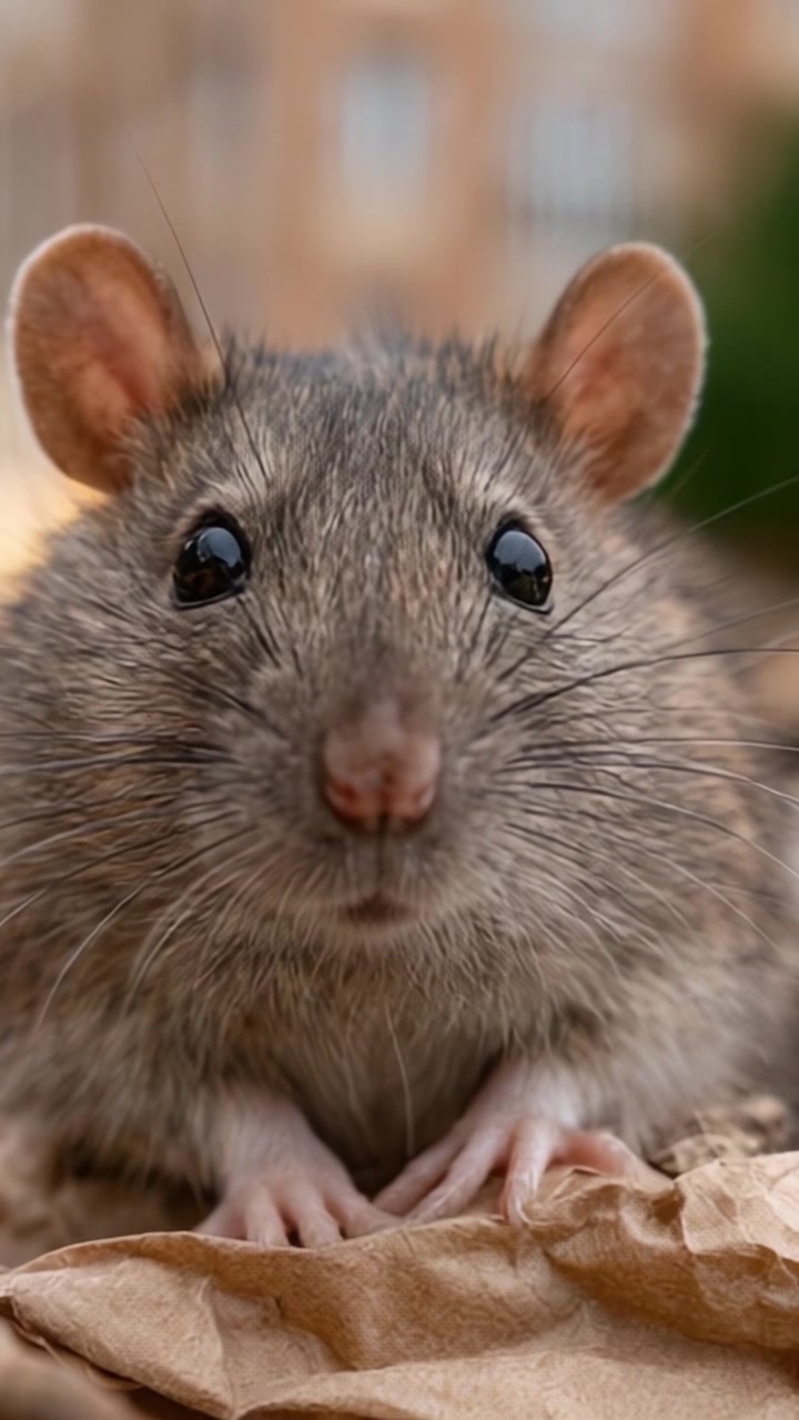 Vista Ravvicinata di un Piccolo Roditore con Pelo Dettagliato e Occhi Espressivi, che Cattura le Caratteristiche Intriganti della Fauna Selvatica Urbana in un Ambiente Naturale