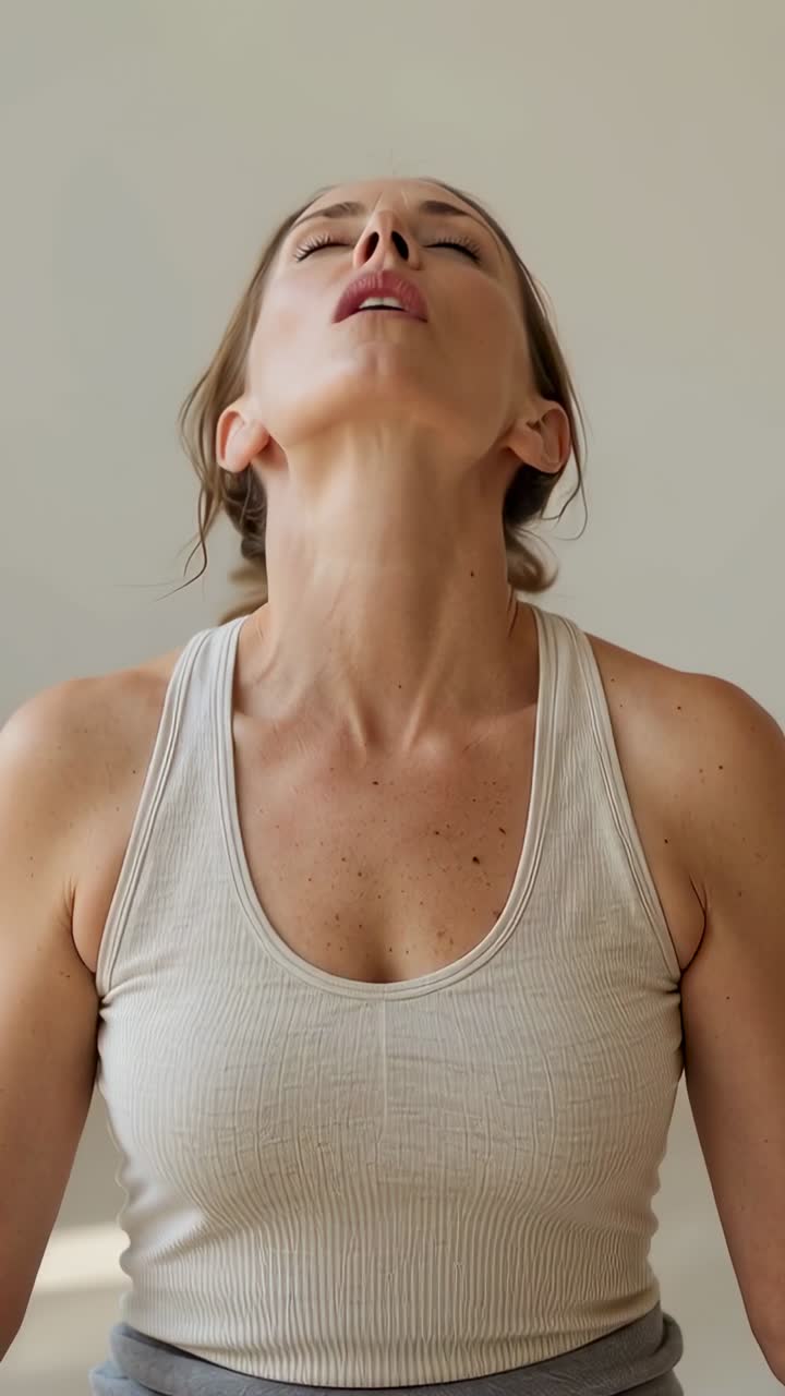 Video verticale: Donna che inspira con canotta beige e vita grigia, mentre fa esercizi per il collo inclinando il mento verso l'alto in una stanza.