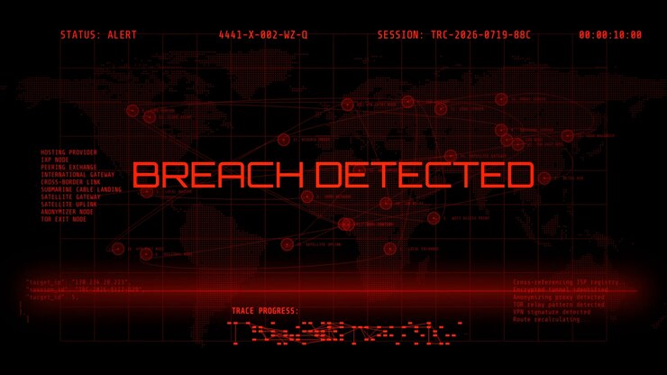 A futuristic red heads-up display warning system alert indicating a critical security breach detected during a cyberattack simulation.