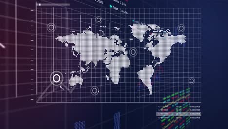animación de estadística, procesamiento de datos del mercado de valores y mapa del mundo en fondo de gradiente púrpura