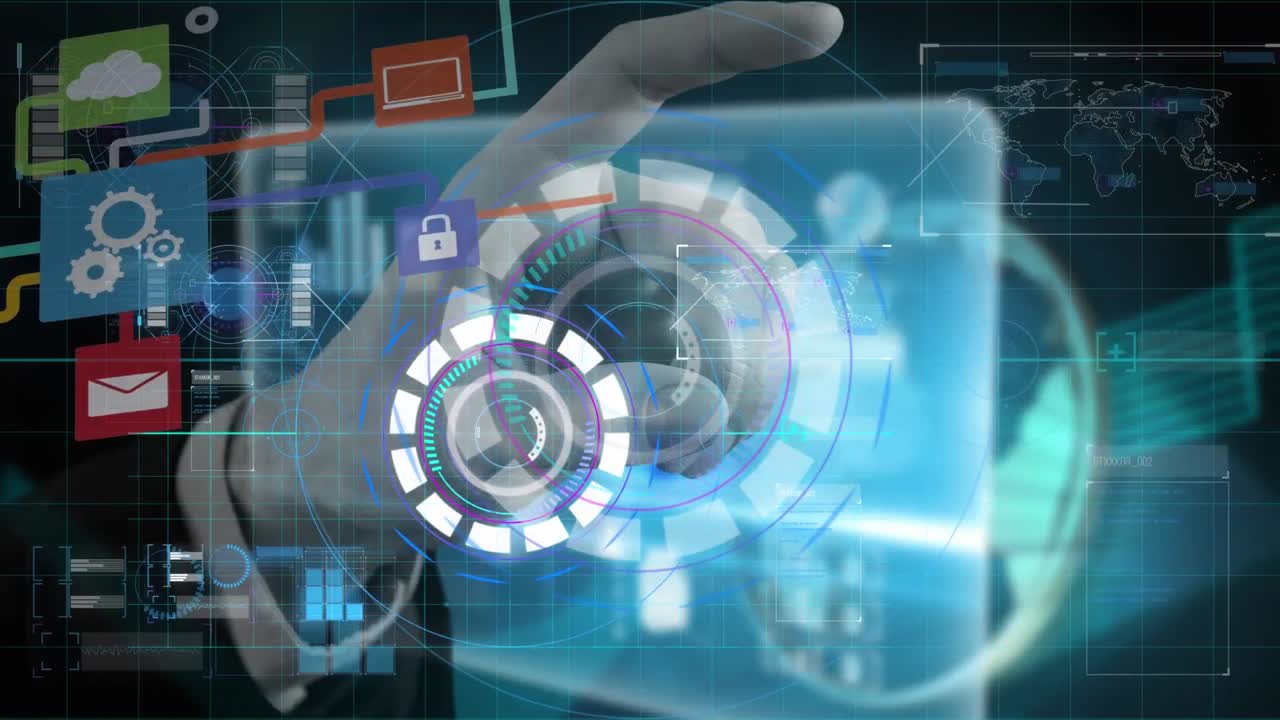 animación de la red de conexiones con iconos y procesamiento de datos con escaneo de alcance a mano.