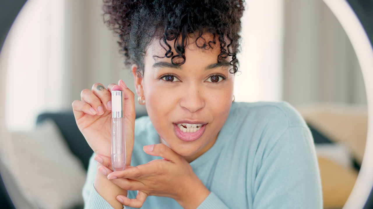 Young female cosmetics influencer doing a live