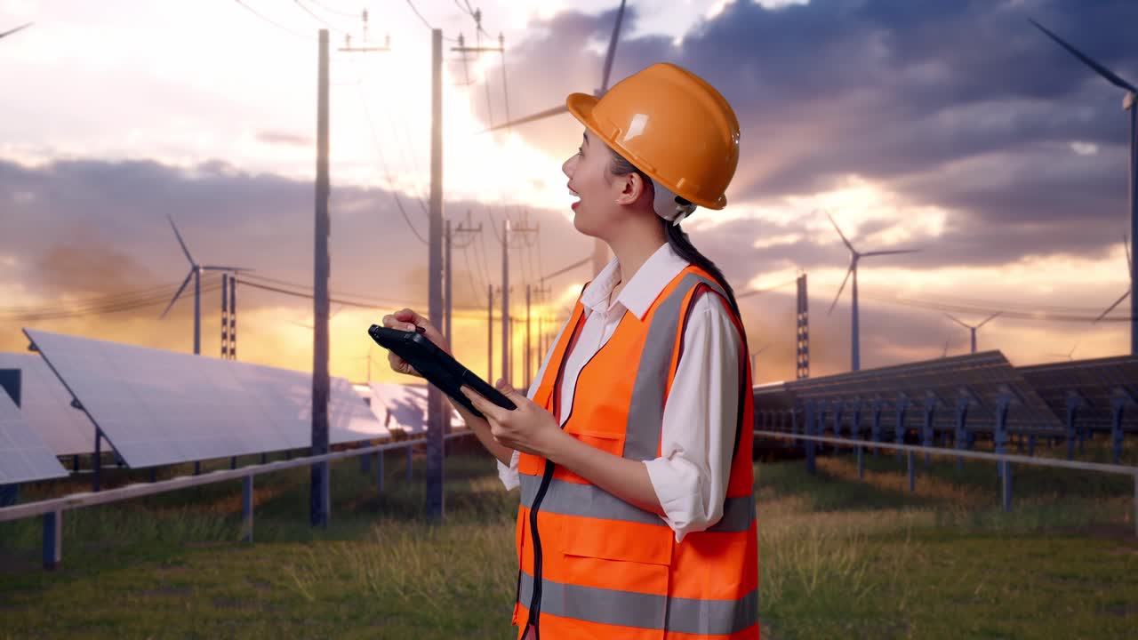 Side View Of Asian Female Engineer With Safety Helmet Taking Note On The Tablet And Looking Around With Solar Panel and Wind Turbines