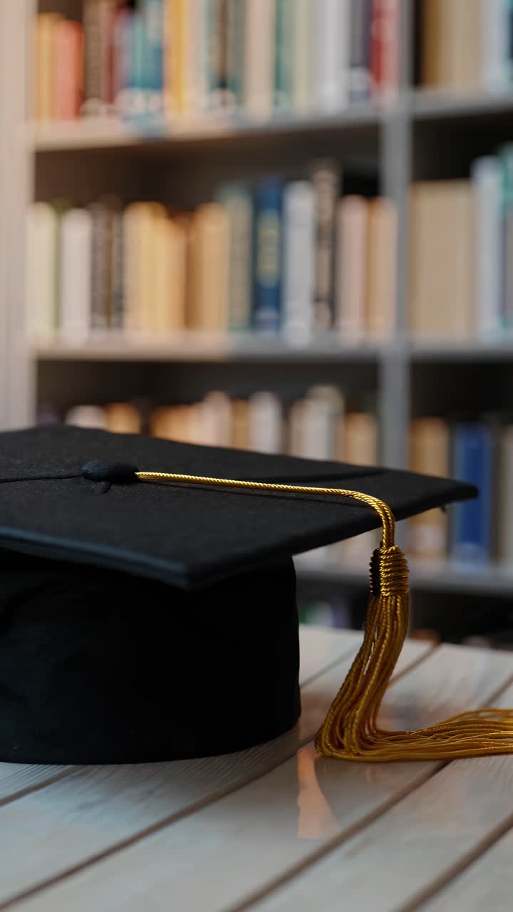 Close-up video of a graduation cap on a table, with a blurred bookshelf background, shot from a low