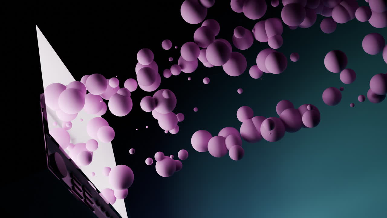 Abstract Digital Data Flow from Laptop with Pink Spheres