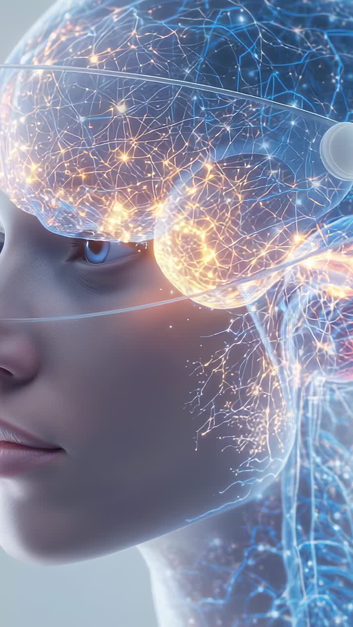 Video verticale: Attivazione IA nella testa su richiesta, cranio trasparente che mostra il bagliore neurale in laboratorio per rivelare l'impianto