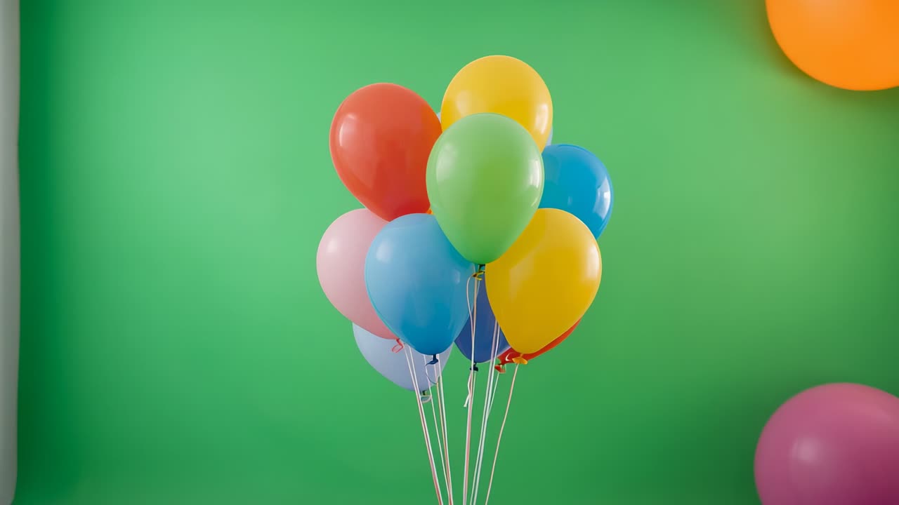 Immagine di palloncini arancioni e rosa che fluttuano, con un gruppo centrale che ondeggia su uno sfondo verde