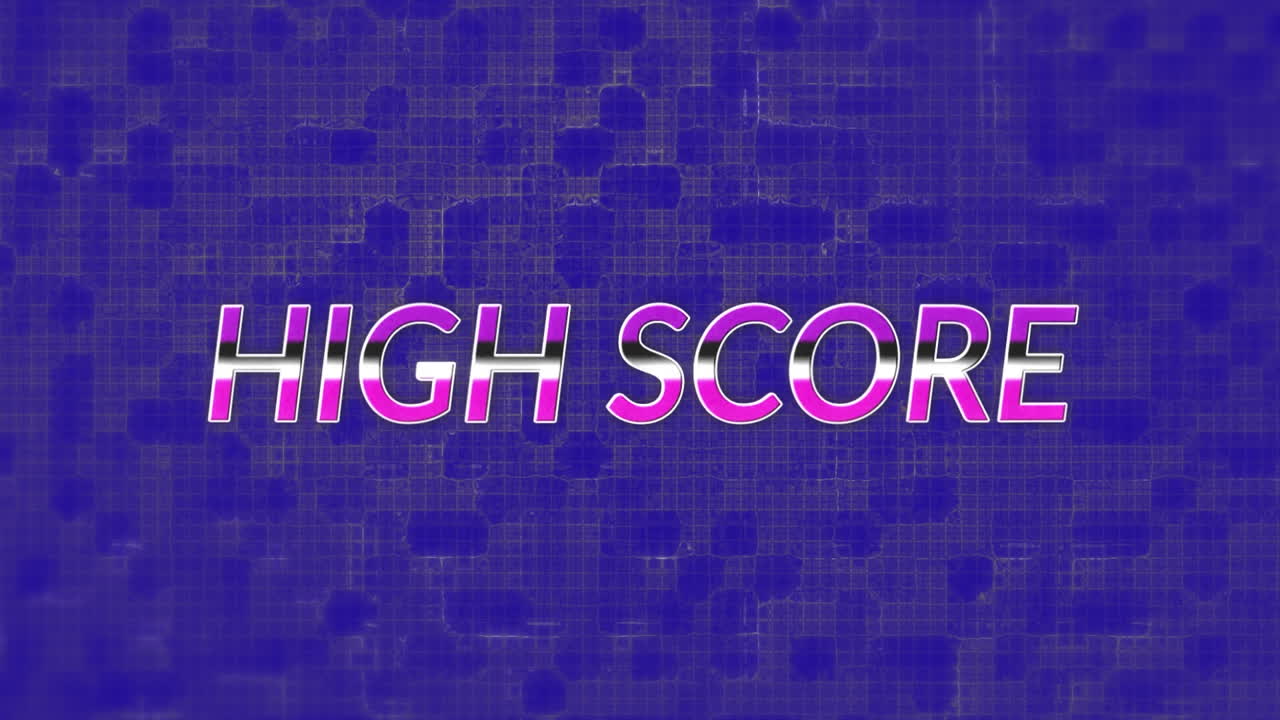 Animation of high score text over moving shapes on blue background