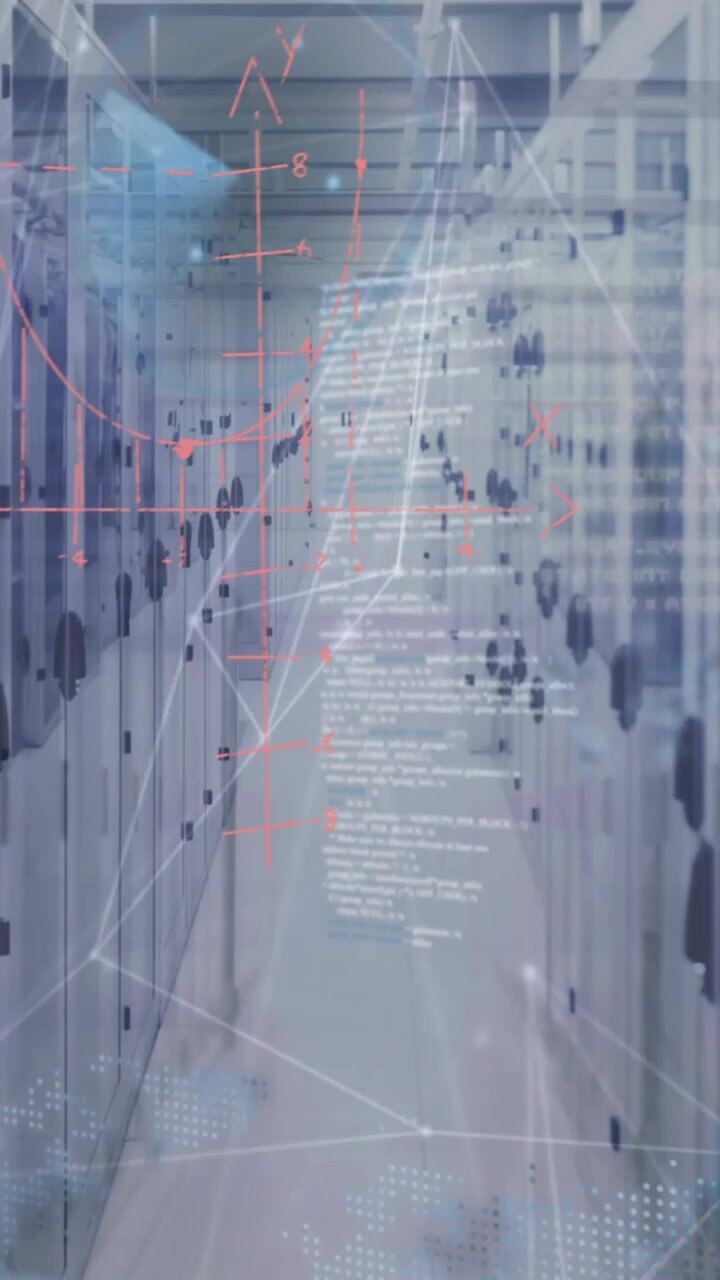 A single frame with a green background and a computer interface with a world map and data processing