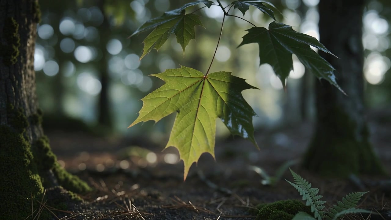Swaying from gentle breeze, single green maple leaf on thin twig rotating in forest, glistening