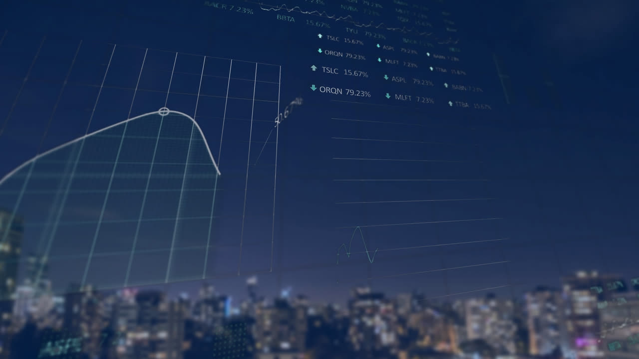 도시 풍경 위의 금융 데이터 처리 애니메이션