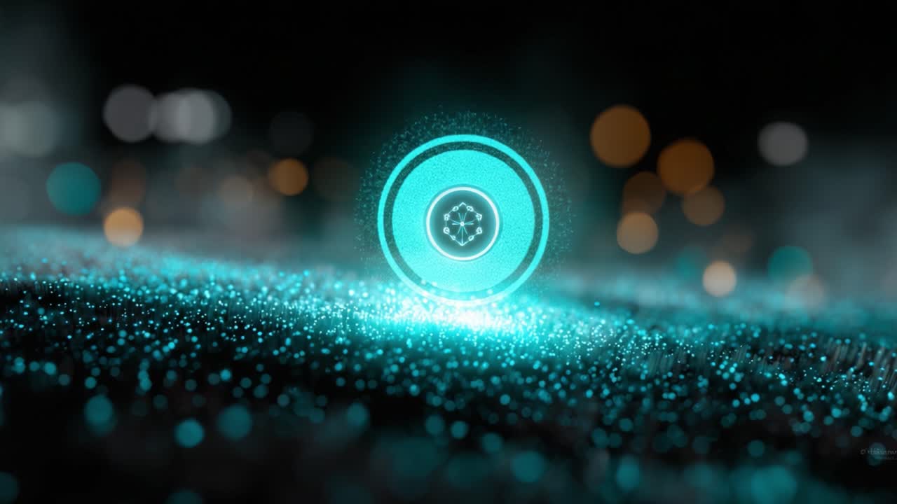 A mesmerizing digital orb illuminates a glittering surface, showcasing a vibrant fusion of light and technology that captivates the viewer's imagination and senses