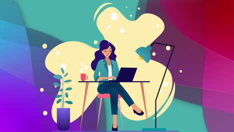 animación de la ilustración de una mujer sentada en una mesa con café usando una computadora portátil en un fondo abstracto