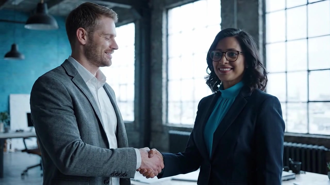 Two Professionals Engaging in a Firm Handshake in a Bright, Modern Office Setting, Signifying Collaboration and Partnership in Their Business Endeavor