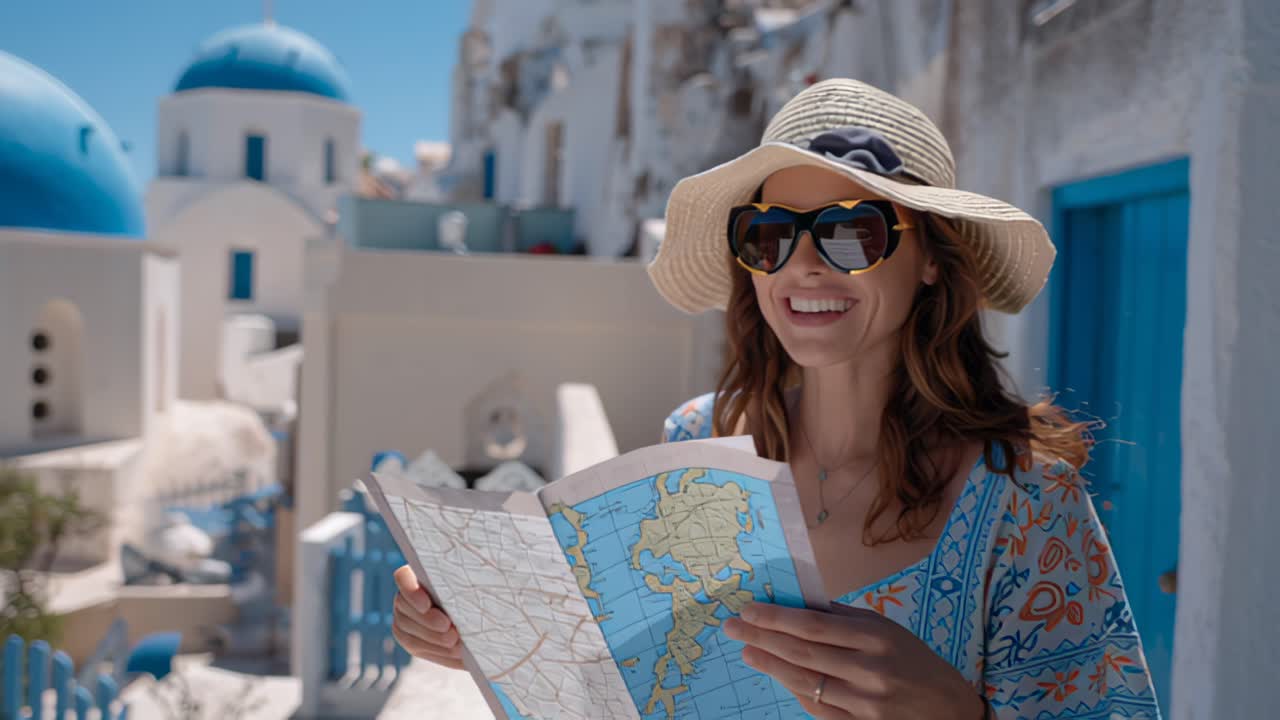 Giovane viaggiatrice elegante con cappello da sole e occhiali da sole che legge una mappa della città mentre esplora un luminoso villaggio costiero mediterraneo con case bianche e cupole blu in una soleggiata giornata estiva