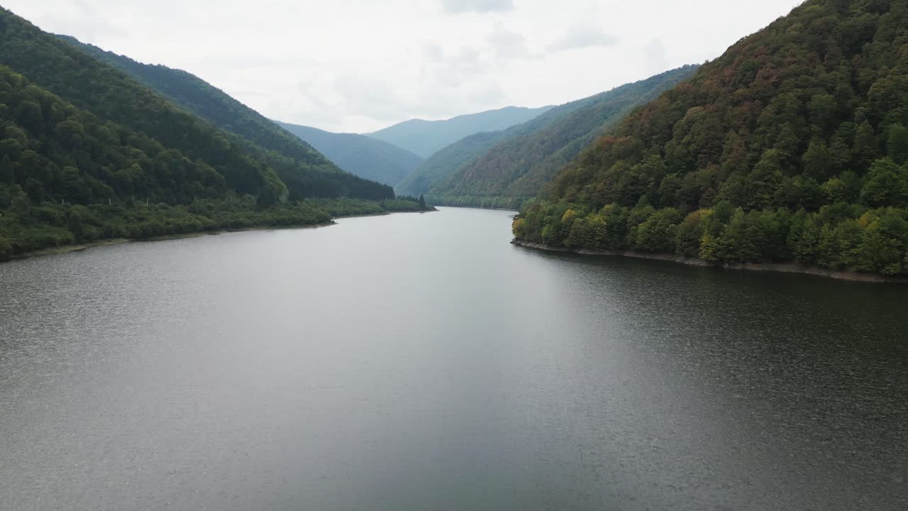 산과 숲 사이의 계곡에서 매우 크고 아름다운 긴 바다, 카르파티아, 루마니아, 유럽, 드론, 여름