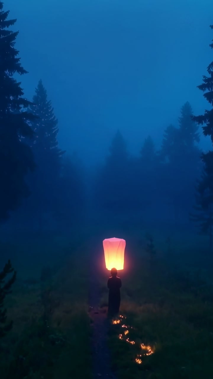 Vertical video: Holding person in coat, sky lantern glowing, rising, embers trailing in foggy woods