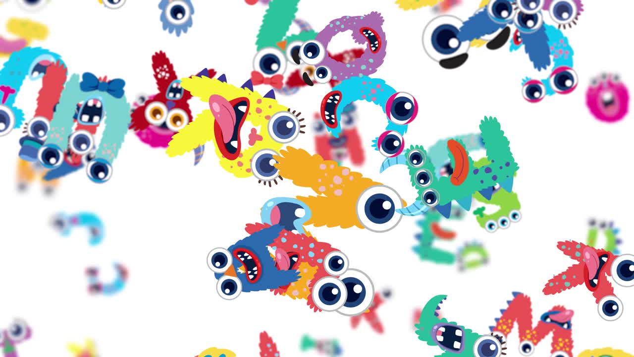Vibrant letters with monster faces cascade dynamically on a white background, creating a whimsical and energetic visual experience