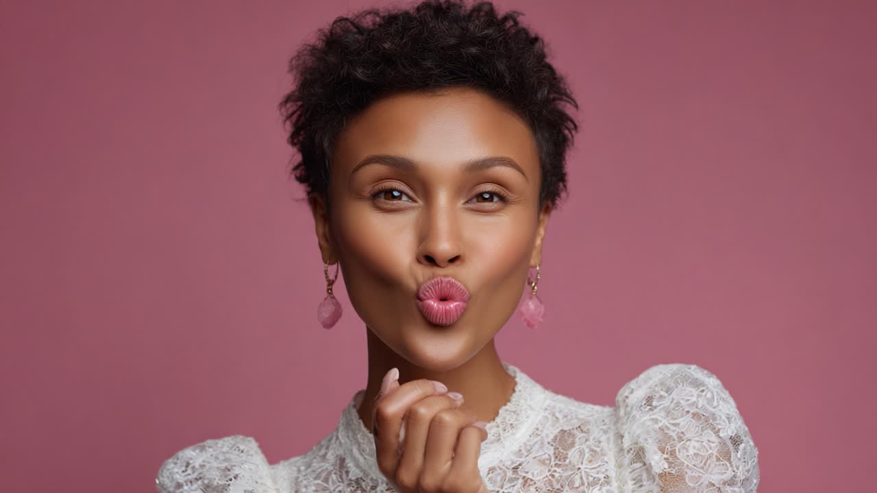 Charming Portrait of a Smiling Woman with Short Hair and Elegant Earrings Against a Soft Pink Background, Radiating Joy and Playfulness Captured in Two Frames