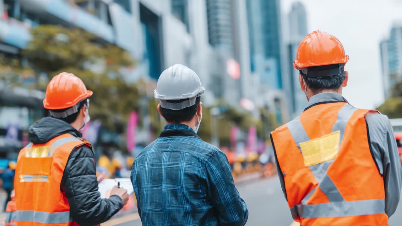 Construction Workers Observing Urban Project Progress with Safety Gear, Reflective Vests, and Helmets in a Busy City Environment