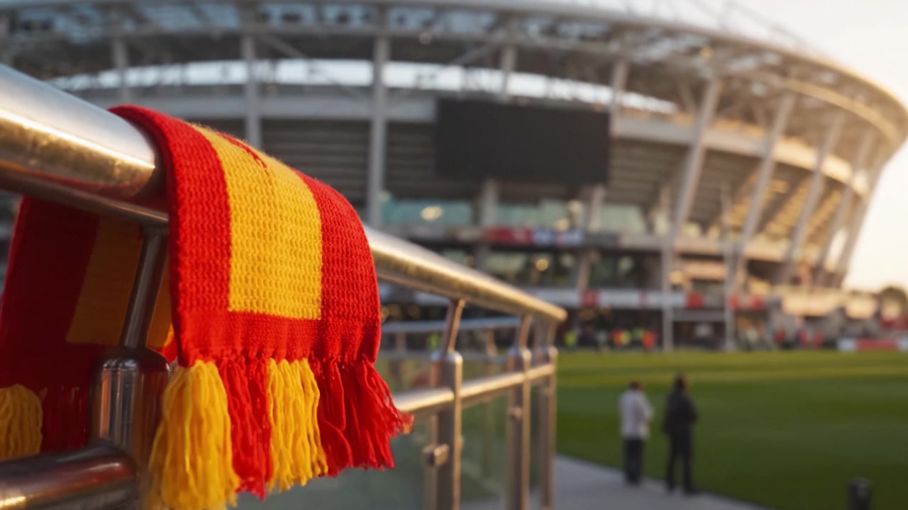 Lystig fanskjerf drapert over rekkverk ved solnedgang på et stadion: En levende visning av lagfarger, som forener tilskuere i forventning om den kommende kampen