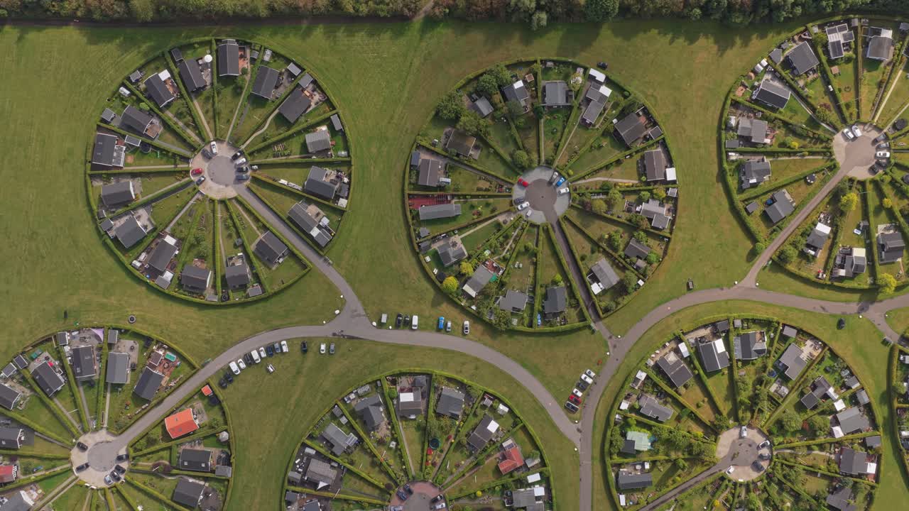 Aerial of circular villages at Brondby Haveby, Denmark, in green space