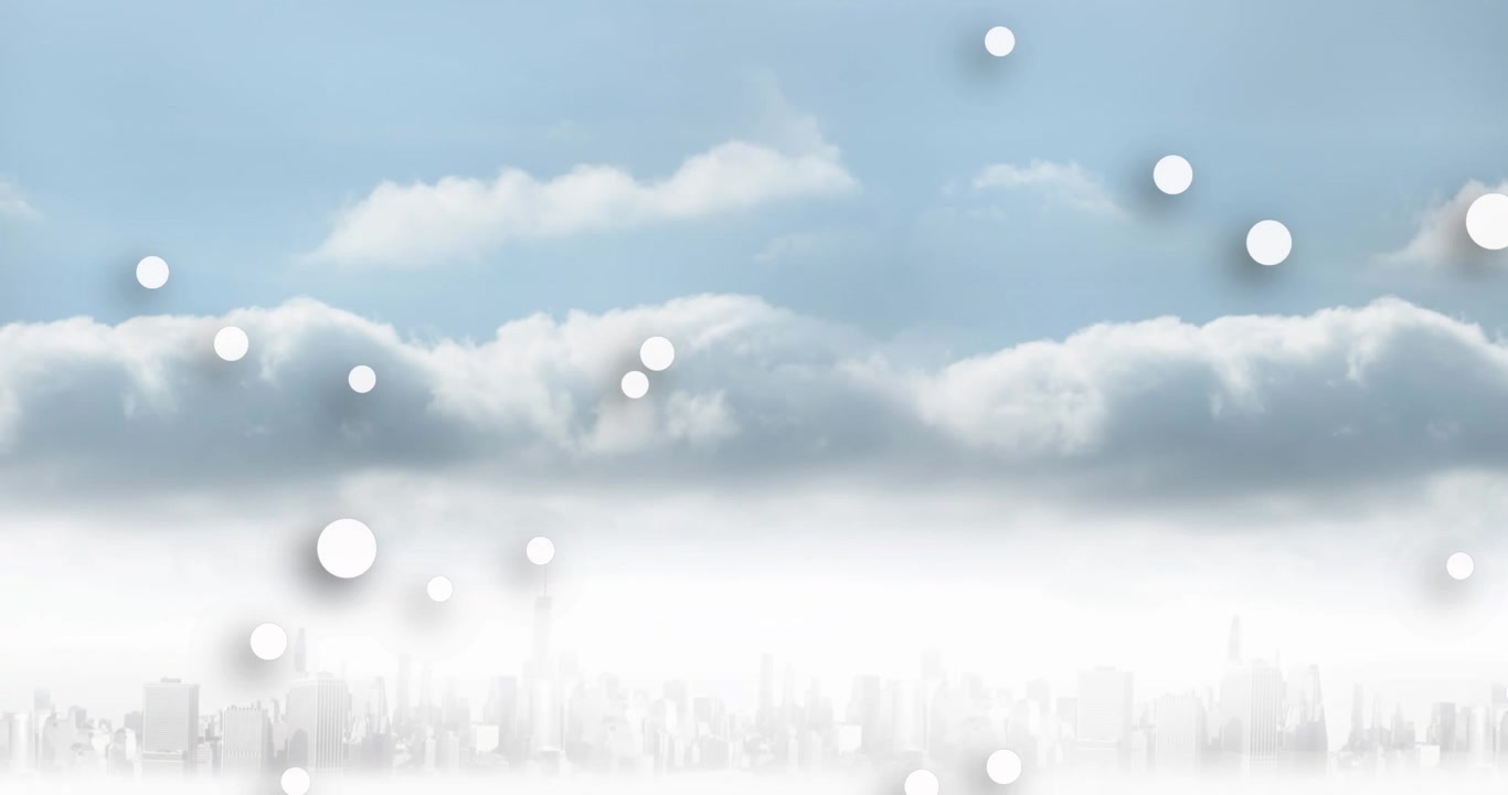 Animation of multiple white spots floating over clouds in the blue sky
