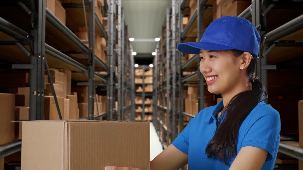 close up de mensajera asiática en uniforme azul dando un cartón a alguien y sonriendo mientras lo entrega en el almacén