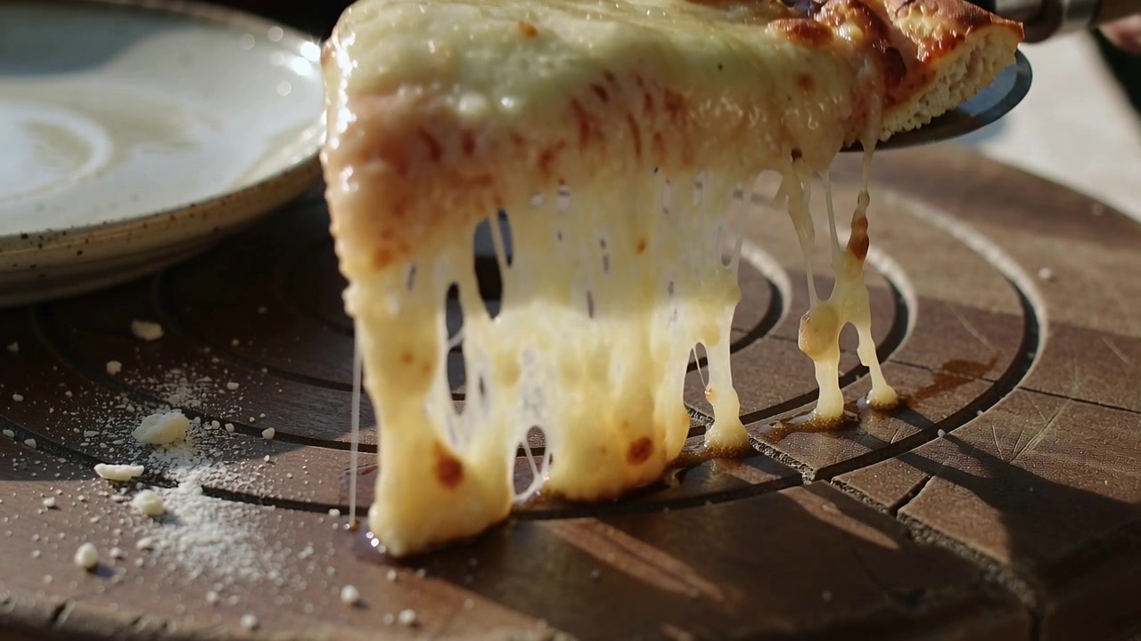 Käsi nostaa pizzaviipaleen tarjoilulapiolla puiselta alustalta aurinkoisella pöydällä, juuston venyessä