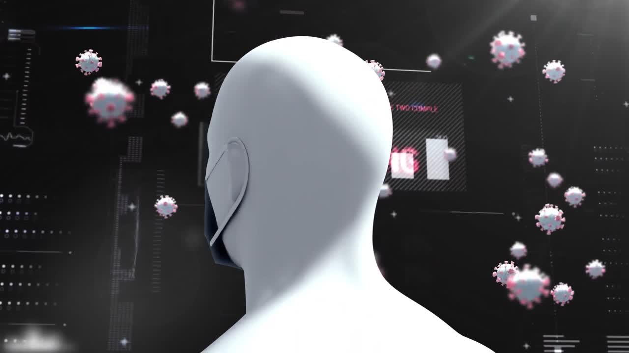 얼굴 마스크를 착용한 인간 얼굴 모델이 데이터 처리와 디지털 인터페이스에 대해 회전합니다.