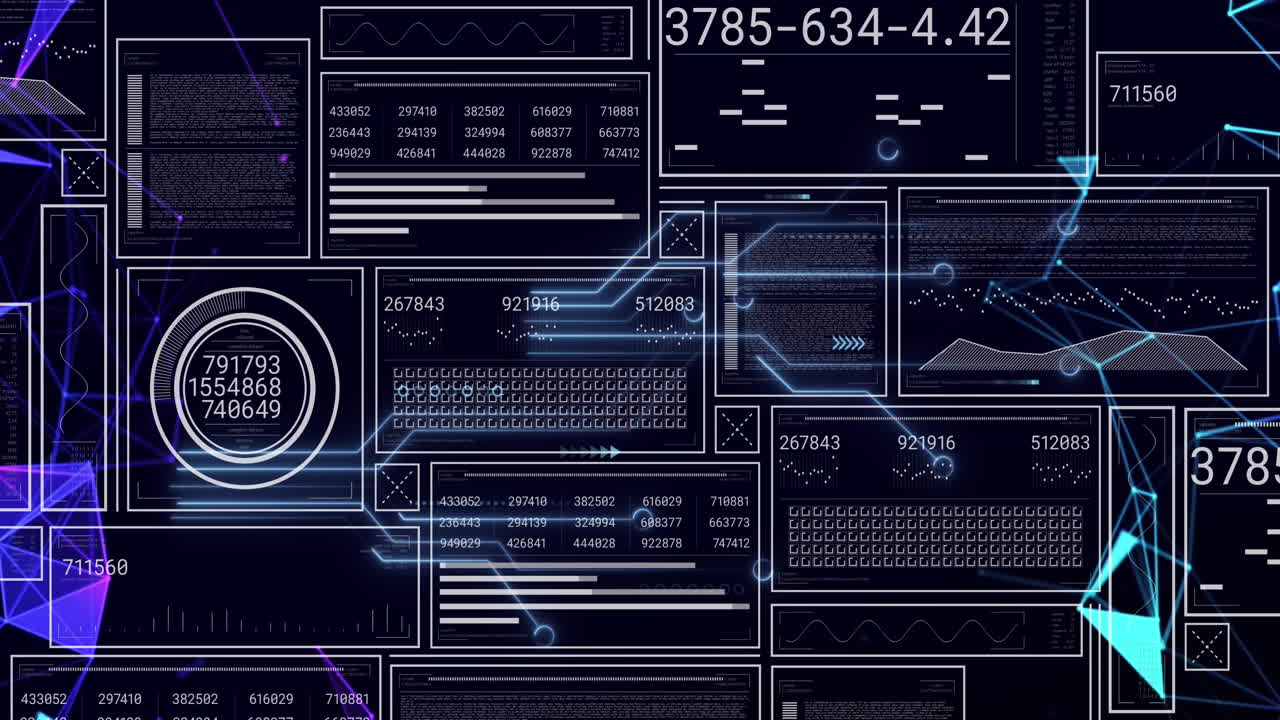 Animation of graphs, loading bars and circles with changing numbers against connected dots