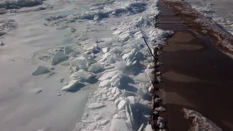 olas de hielo congeladas empujadas contra un muelle en medio del lago congelado erie en kingsville, ontario