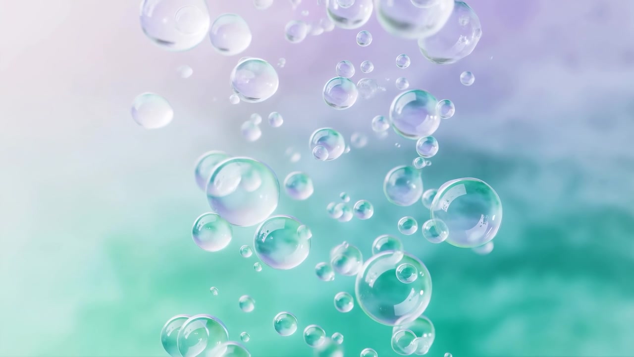 Column of translucent soap bubbles rises through soft pastel gradient space, showing varied sizes, overlaps, partial cutoffs and glowing reflections that create gentle depth, freshness and playful