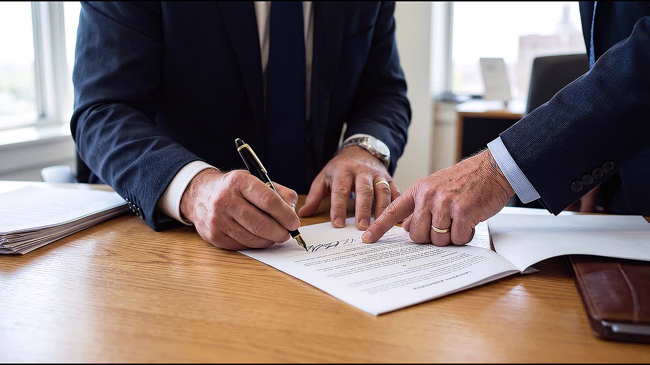 Close-up de mãos assinando contrato com caneta enquanto outra pessoa aponta para um documento na mesa.