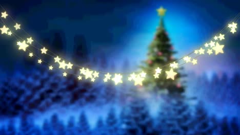 animación de luces de hadas brillantes sobre el árbol de navidad y el paisaje de invierno