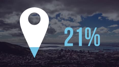 animation of location icon with percentage and city in background