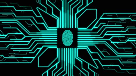 fingerprint with futuristic artificial intelligence spreading through internet. visualization of machine learning, computer technology, neural network