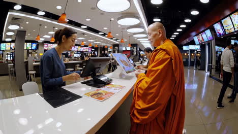 monk ordering food at a fast food restaurant