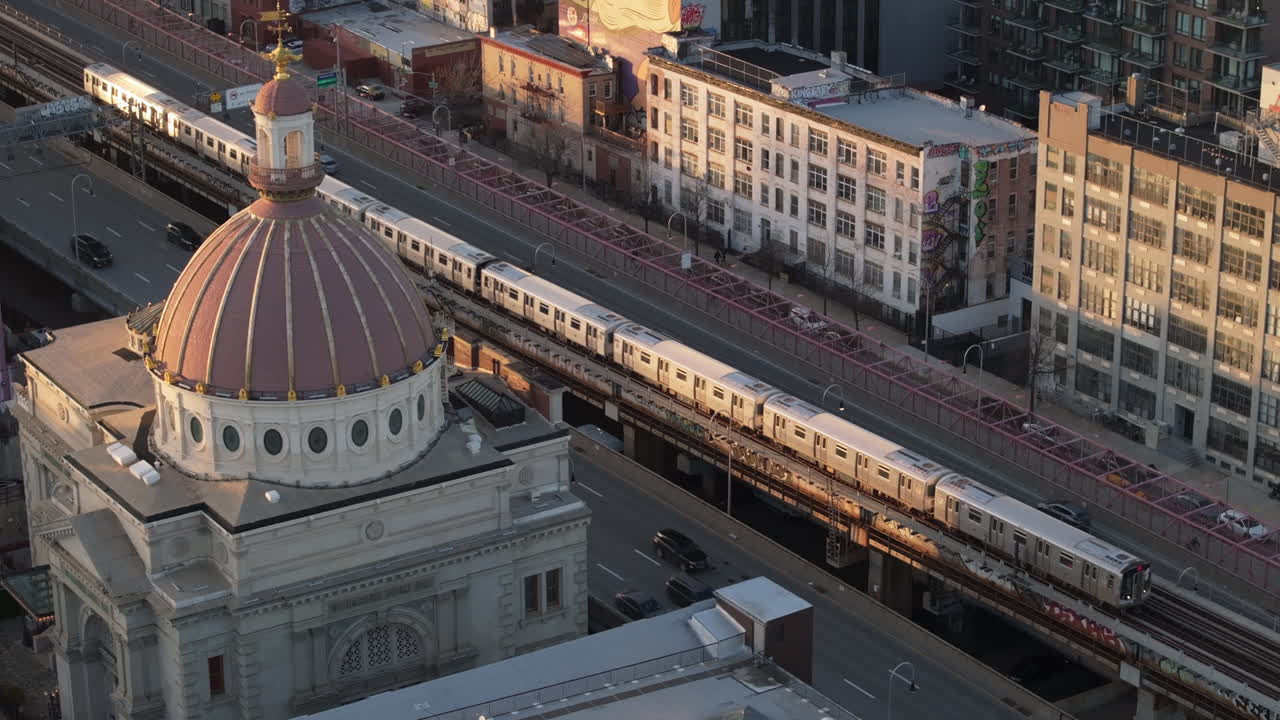 Drone shot of the subway in Brooklyn. Shot in Williamsburg at sunset