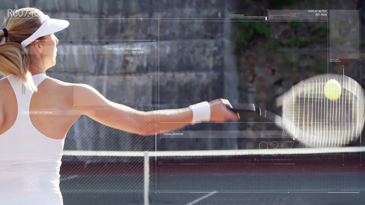 On court, tennis player in action with animation and digital data overlay