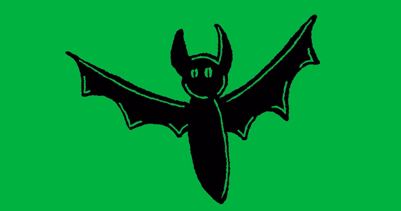 Animazione di un disegno di pipistrello nero in movimento su sfondo bianco.