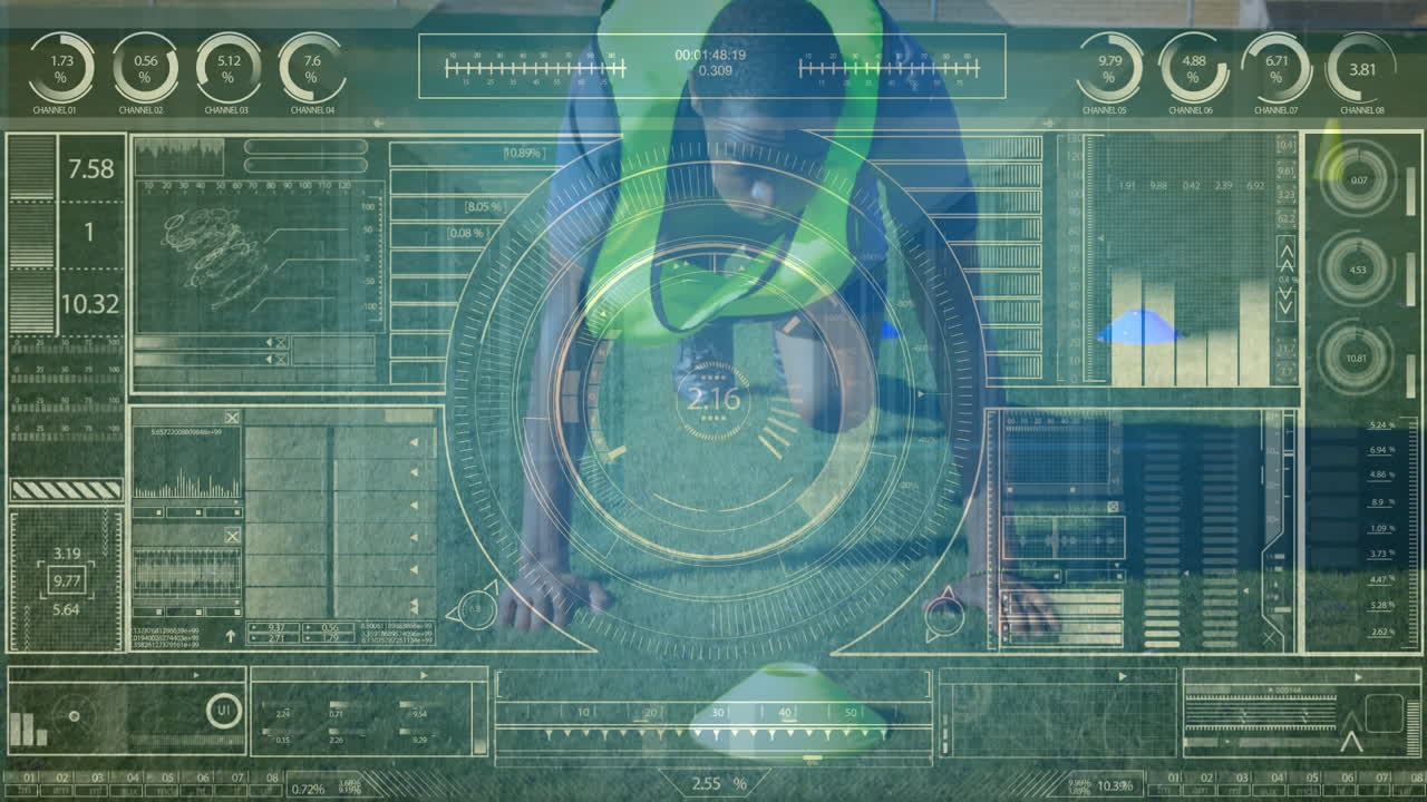 animación del procesamiento de datos sobre un jugador de fútbol afroamericano en un campo deportivo