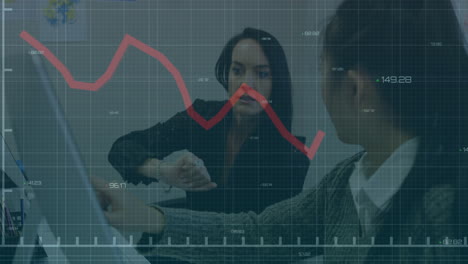 animación gráfica financiera roja sobre mujeres de negocios discutiendo en la oficina
